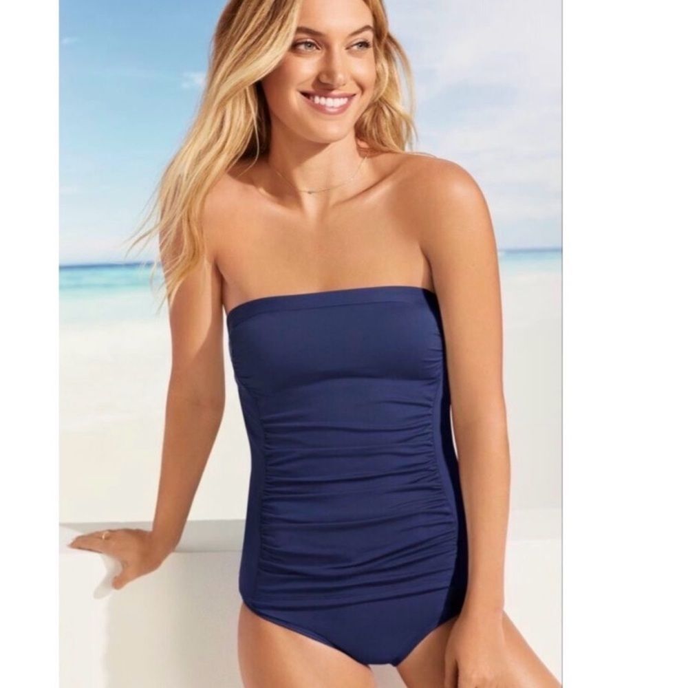 Land’s End Standard Plus Bandeau tankini removable straps soft cup Navy Various